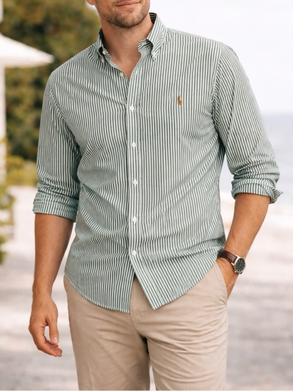 Ralph Lauren Green Stripe Button Down Shirt Sz 18 (36-37) Lightweight Cotton - Picture 2 of 11